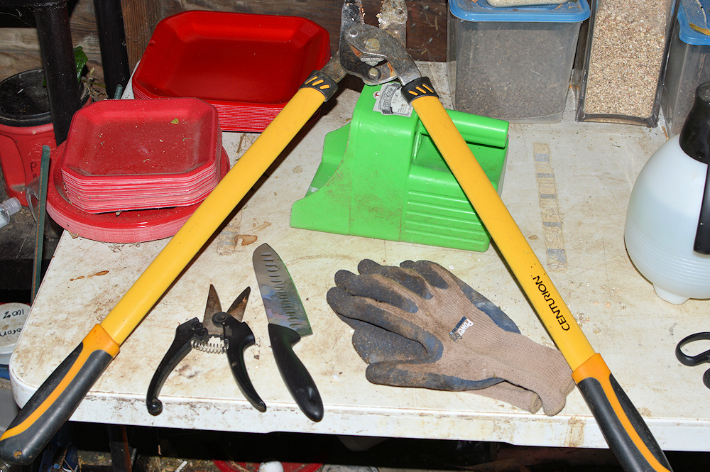 Tools for Composting—Big Knife – Loppers – Thick Gloves – Heavy Duty Pruner – Big Scoop