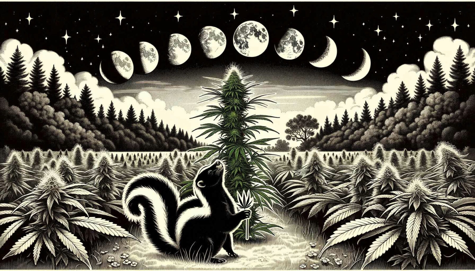 cannabis world news image of moon cycle phases with skunk holding a joint in front of a giant cannabis plant