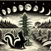 cannabis world news image of moon cycle phases with skunk holding a joint in front of a giant cannabis plant