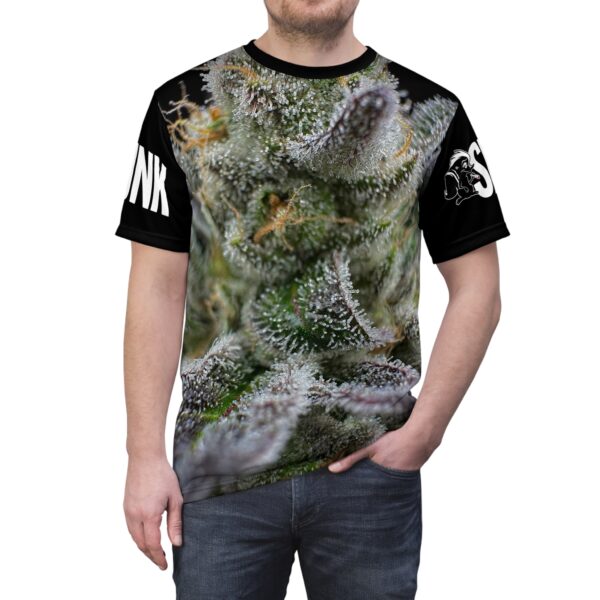 Purple Caper Skunk Caffeine, Black Unisex Cut & Sew Tee (AOP)