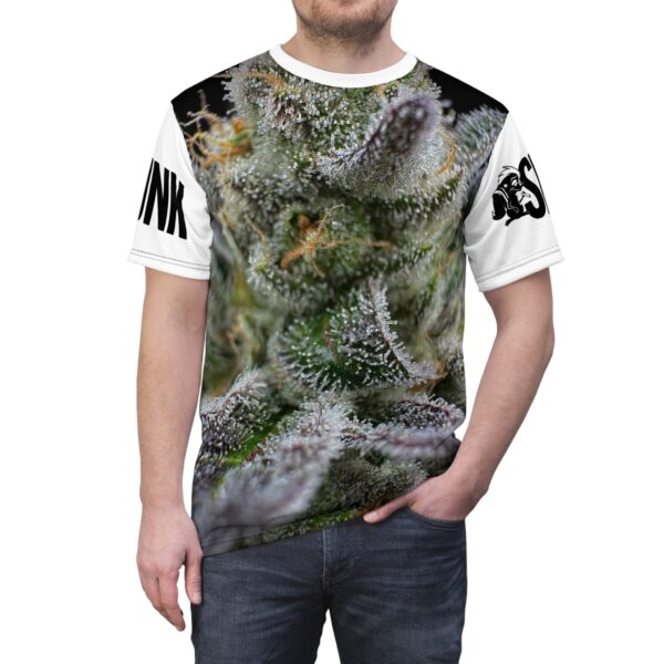 Purple Caper Skunk Caffeine, White Unisex Cut & Sew Tee (AOP)
