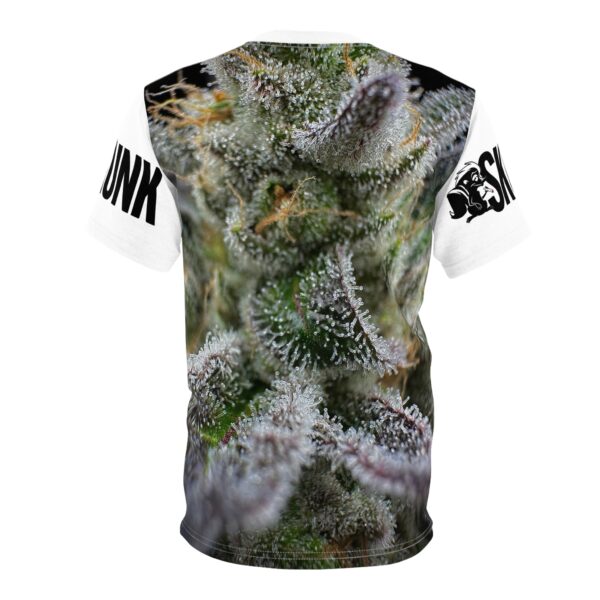 Purple Caper Skunk Caffeine, White Unisex Cut & Sew Tee (AOP)