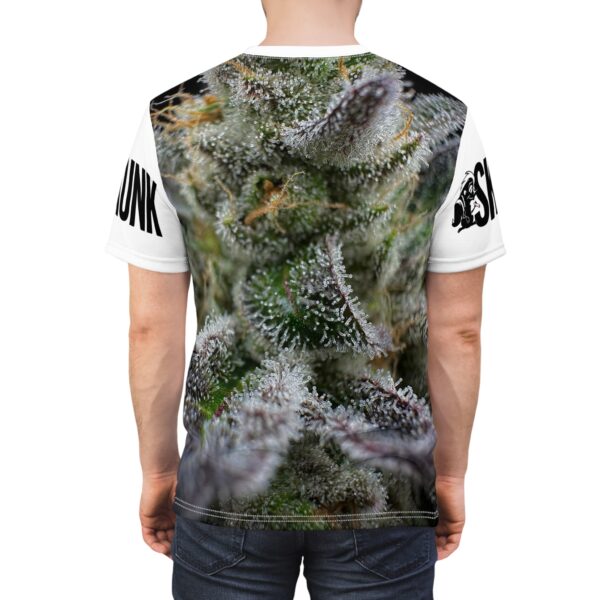 Purple Caper Skunk Caffeine, White Unisex Cut & Sew Tee (AOP)