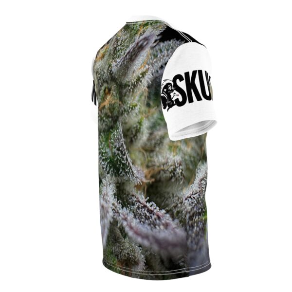 Purple Caper Skunk Caffeine, White Unisex Cut & Sew Tee (AOP)