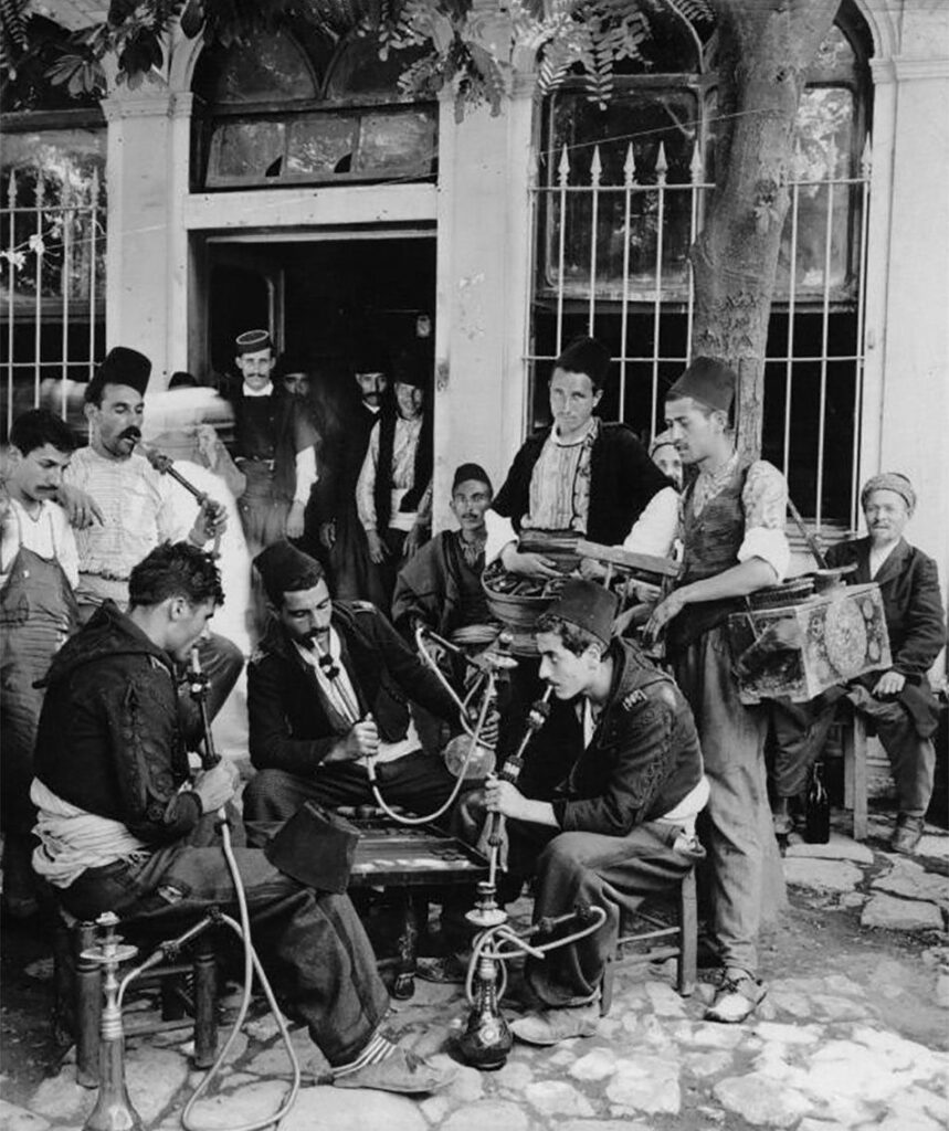 Cannabis world news Rembetika musicians smoking hookahs outside around 1900