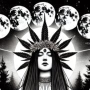 cannabis world news image of Moon Goddess with cannabis leaf crown and moon cycles across the top