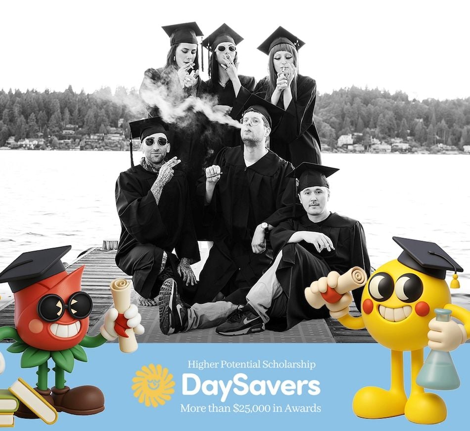 cannabis world news image of people in graduation attire smoking weed on a dock in front of body of water