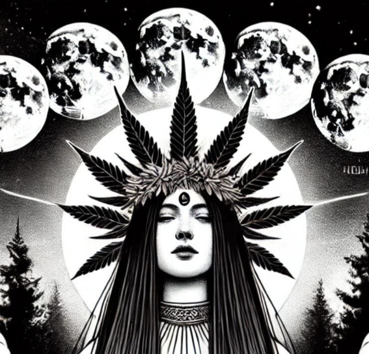 cannabis world news image of weed goddess with moon phases above her head