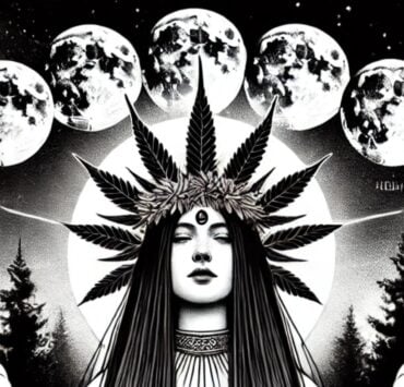 cannabis world news moon goddess with phases of the moon above her cannabis leaf crowned head