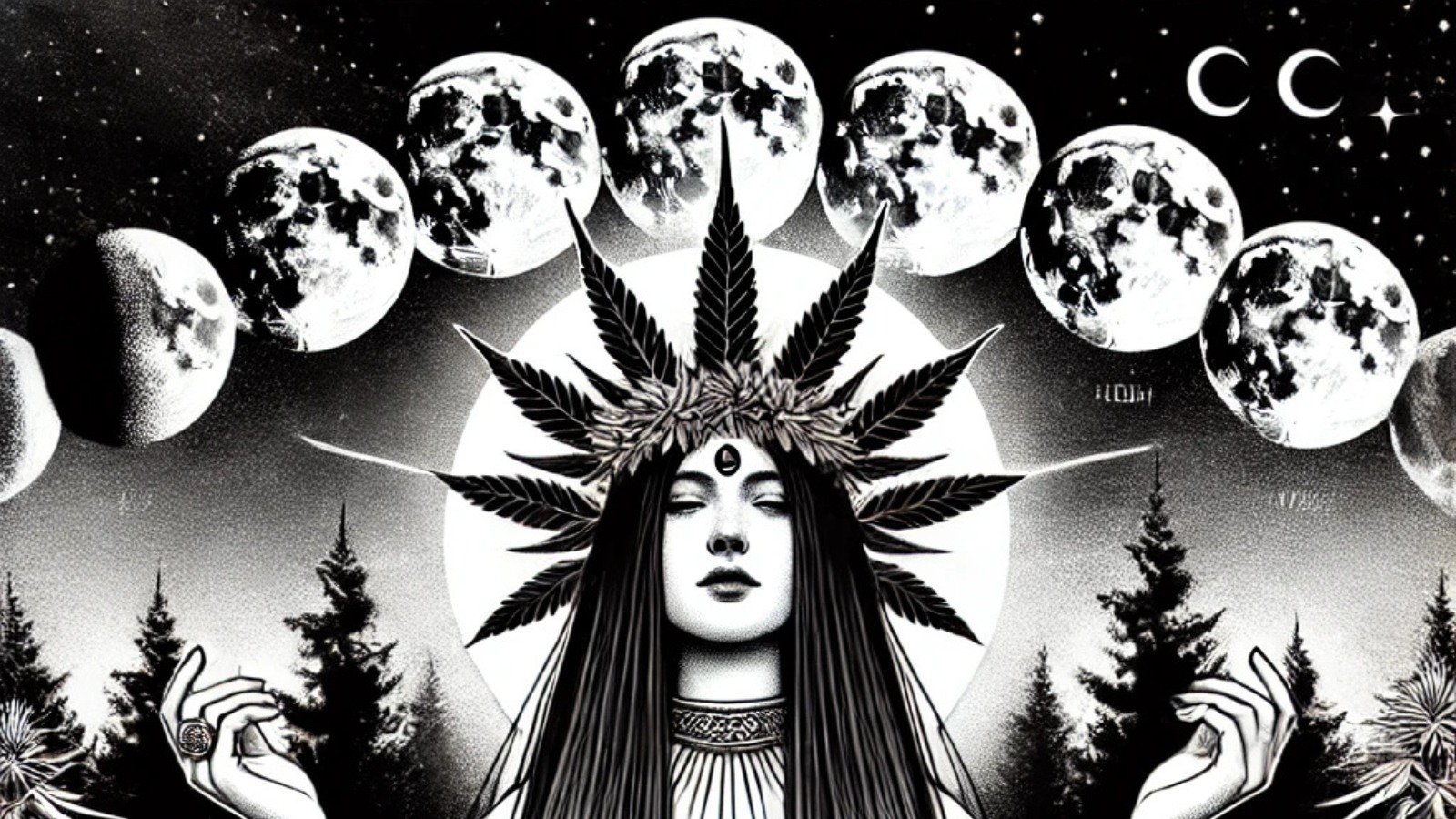 cannabis world news moon goddess with phases of the moon above her cannabis leaf crowned head