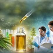 cannabis world news AI image of liquid dropper dripping cannabis oil in jar with male and female clinicians taking notes in background