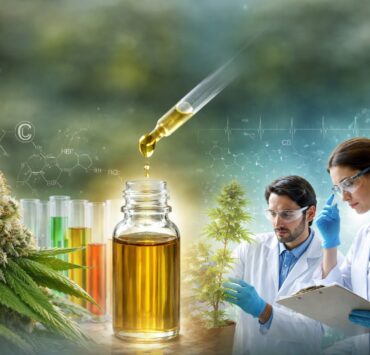 cannabis world news AI image of liquid dropper dripping cannabis oil in jar with male and female clinicians taking notes in background