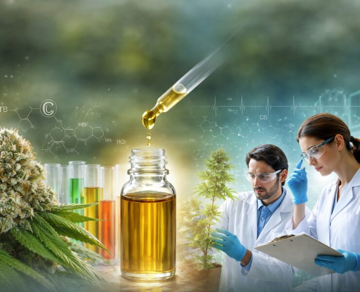 cannabis world news AI image of liquid dropper dripping cannabis oil in jar with male and female clinicians taking notes in background