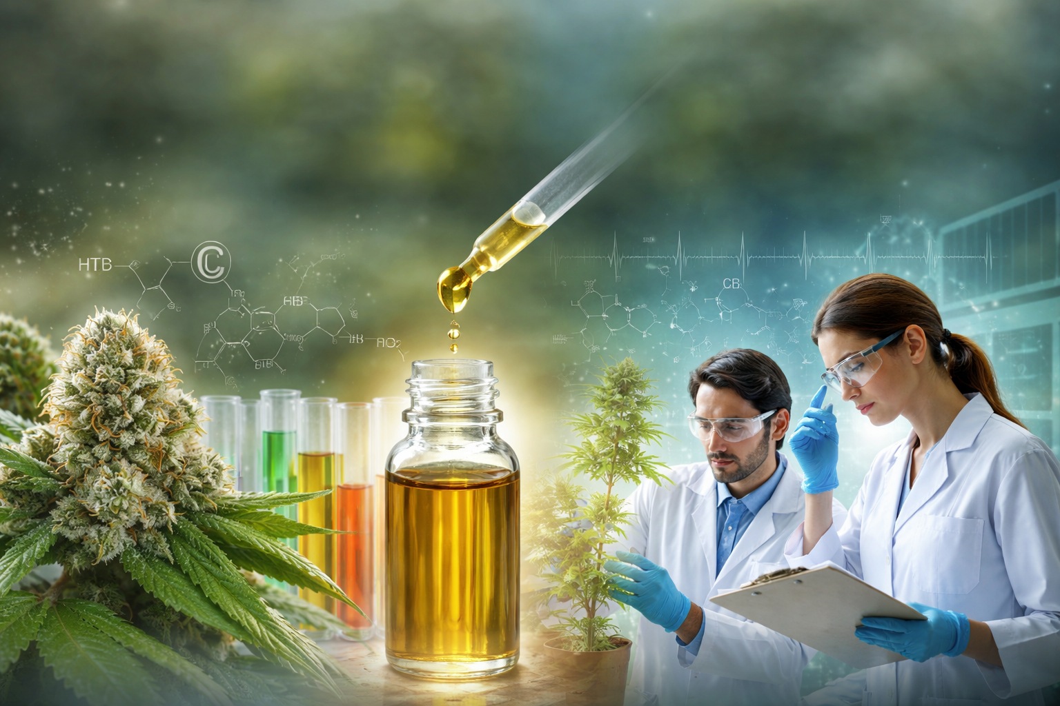 cannabis world news AI image of liquid dropper dripping cannabis oil in jar with male and female clinicians taking notes in background