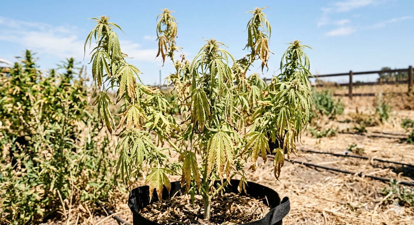 cannabis world news pests disease An outdoor cannabis plants that has suffered badly with heat stress