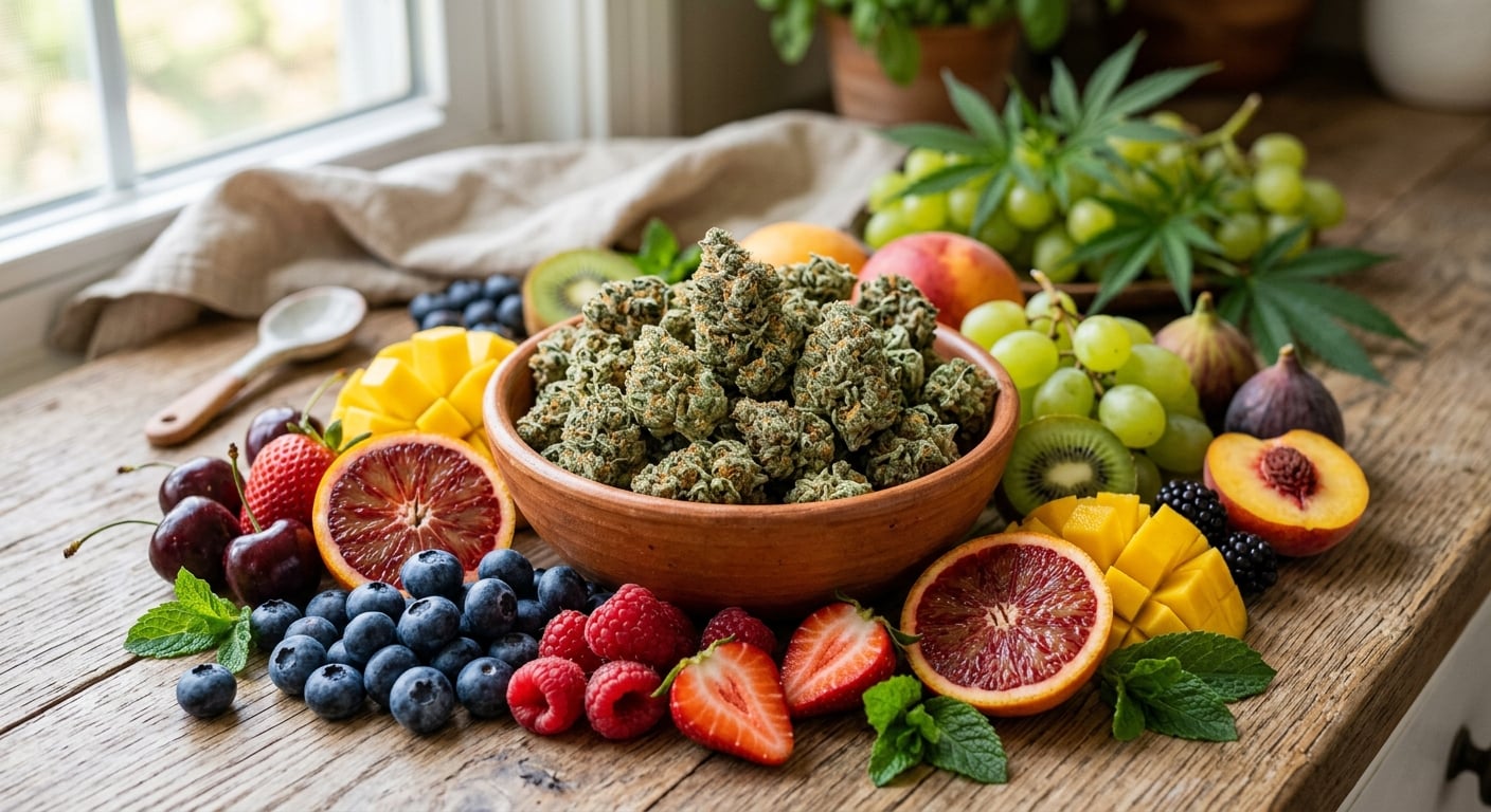 cannabis world news how to grow image of bowl of cannabis buds surrounded by fruit, on a table